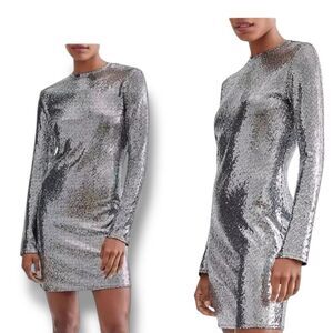 7 For‎ All Mankind Dress XS Silver Metallic Sparkle Mini Club Long Sleeve Sequin